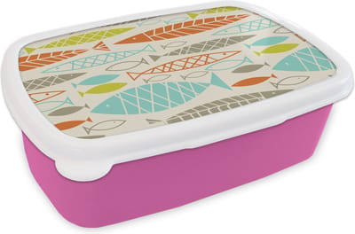Broodtrommel Roze - Lunchbox - Brooddoos - Vis - Jaren 50 - Patroon - 18x12x6 cm - Kinderen - Meisje