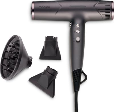 MEDION HD2 haardroger (ionische technologie, 1.500 watt, veelzijdige opzetstukken voor diffuser en stylingmondstukken, duurzame BLDC motor, zelfreinigende functie, lang netsnoer) grijs
