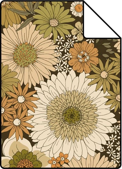 Proefstaal ESTAhome behang retro bloemen olijfgroen en oranje bruin - 26.5 x 21 cm - 131317-S