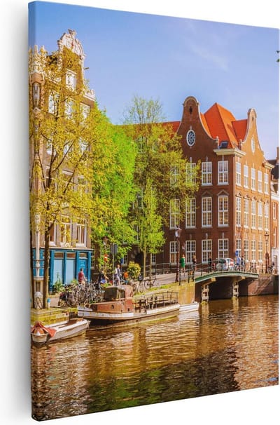 Artaza Canvas Schilderij Amsterdamse Grachten - 80x100 cm - Groot - Wanddecoratie Amsterdam - Muurdecoratie Woonkamer - Schilderijen Op Canvas Stad