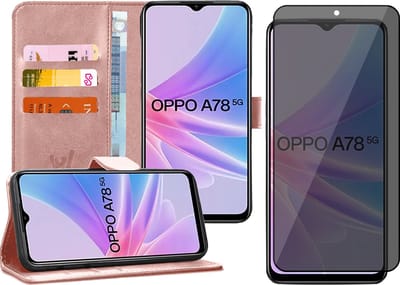 Hoesje geschikt voor Oppo A58 5G / A78 5G - Privacy Screenprotector Volledig Dekkend Glas - Portemonnee Book Case Rosegoud