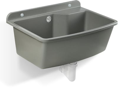 GOSPO Spoelbak, 61 cm x 44 cm x 23,5 cm, kunststof spoelbak, wasbak met overloop, sifon, spoelbak inclusief toebehoren, wasruimte, tuinspoelbak (grijs)