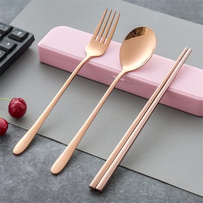 DAEBAK Koreaans Bestekset - Draagbaar - Roestvrij Staal - Koreaanse Eetstokjes - Rose Goud