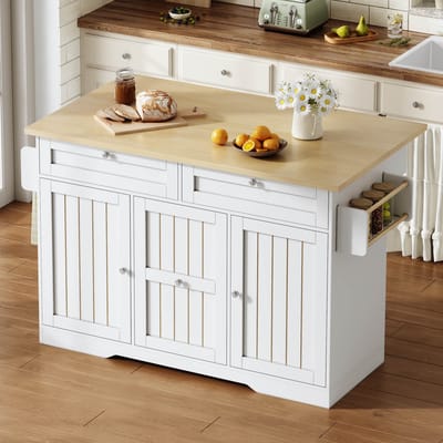 OKWISH Keukeneiland – Met Uitklapbaar Werkblad – 120x45x92 cm – 4 Lades – Opbergruimte – Verrijdbaar – MDF Naturel Wit