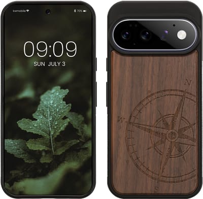 kwmobile telefoonhoesje geschikt voorGoogle Pixel 11 Pro - Hoesje met bumper - hout - In donkerbruin Vintage Kompas design