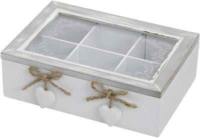 Wurm Theedoos - 6 vaks - grijs/wit - hartjes - 22 x 18 x 17 cm - MDF hout - theebox