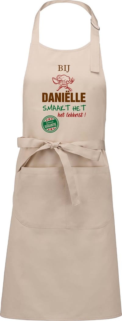 Naamcadeau - Naamschort - Keukenschort met je naam - Kookschort - verjaardag - moederdag - beige - het smaakt het lekkerst bij: Daniëlle