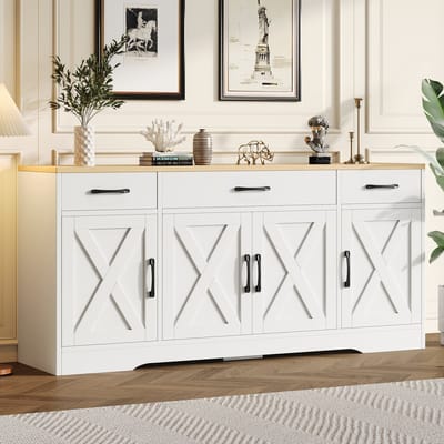 OKWISH Dressoir – Modern Wit Dressoir – 160×37×75 cm – 3 Lades – 4 Deuren (2 Enkel, 2 Dubbel) – Ruime Opbergruimte Voor Woonkamer/Hal – Industrieel Berlijnse Stijl – MDF Wit Houtkleur Dekplaat
