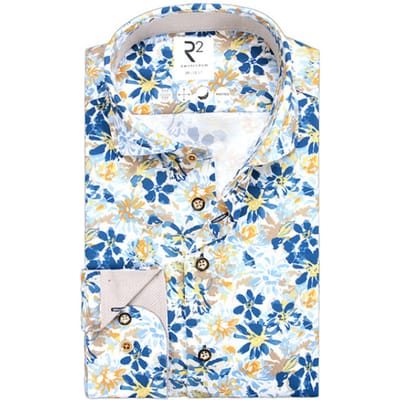R2 Overhemd Knitted Bloemenprint Blauw - Maat 45 - Heren - Overhemden Casual