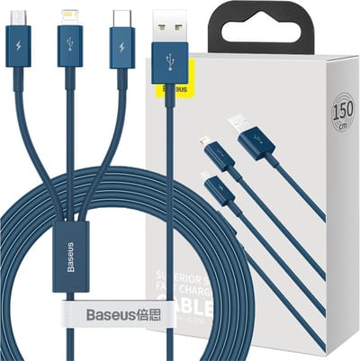 USB-A - Lightning / microUSB / USB-C Baseus Superior 3in1 Series oplaadkabel, 20W, 1.5m, Blauw CAMLTYS-03