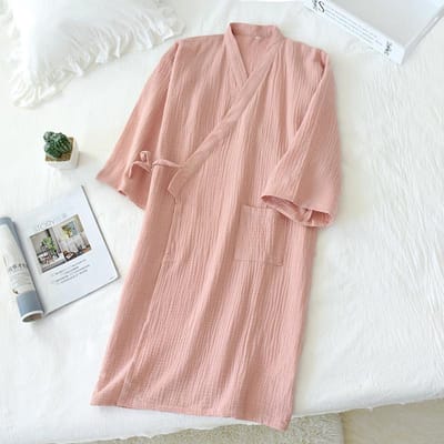 Style Mis à Jour Printemps et Été 100% Crêpe de Coton Pyjama Fin pour Femmes Peignoir pour Hommes Robe Vêtements d'Intérieur Pyjama M beige