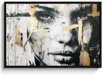 Poster in lijst - Fotolijst 120x80 cm - Posters - Portret - Vrouw - Penseelstreken - Goud - Posterlijst zwart - Decoratie - Wanddecoratie woonkamer - Muurdecoratie slaapkamer