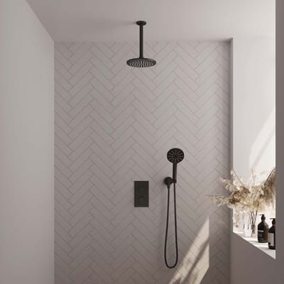 Brauer Black Edition thermostatische inbouw regendouche 3-weg omstelling SET 35 met 20 cm douchekop en plafondarm en 3-standen handdouche en doucheslang en wandaansluitbocht mat zwart