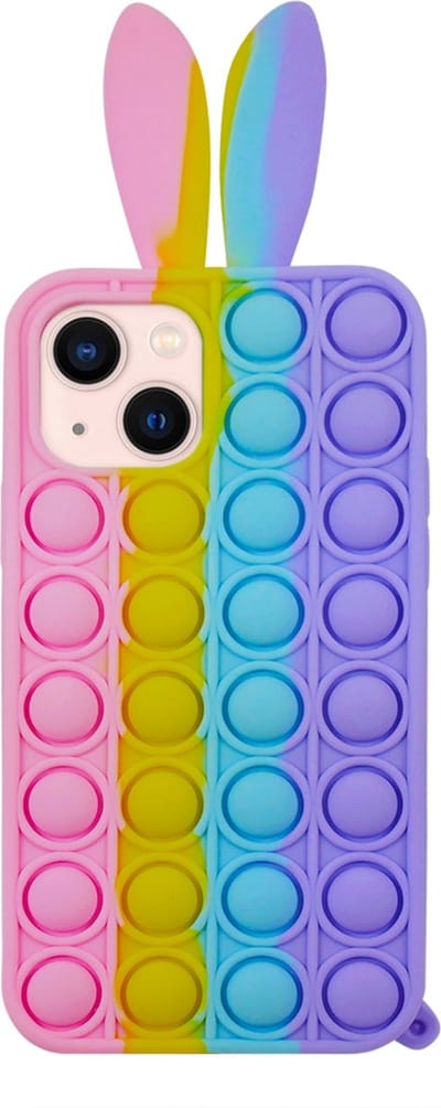 Peachy Bunny Pop Fidget Bubble siliconen hoesje geschikt voor iPhone 14 - roze, geel, blauw en paars