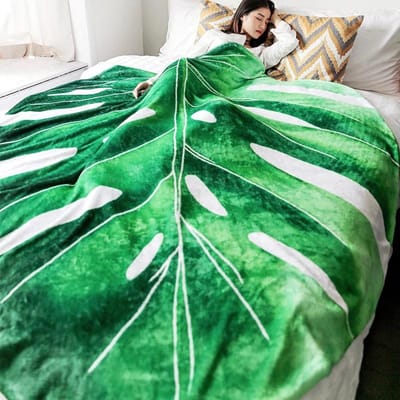WASART Warme fluwelen reuzenbladendeken voor bed met gedrukte gloriosum plant, winterse pluizige fleece plaid voor bank, extra groot 70x100cm green