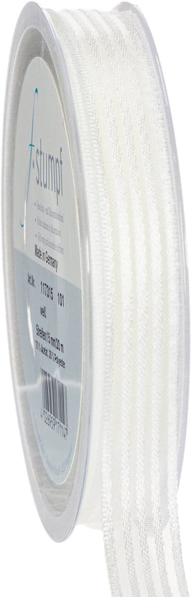 Organza lint met strepen, cadeaulint, wit, 15 mm, 20 m