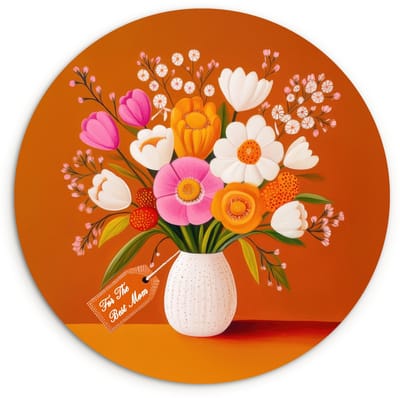 WallCircle® Wandcirkel 120x120 cm - Muurcirkel Vaas - Bloemen - Oranje - Muurdecoratie woonkamer - Wanddecoratie slaapkamer - Kamer decoratie accessoires - Ronde schilderijen XXL
