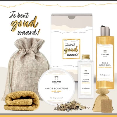 Geschenkset “Je bent Goud Waard!” - 6 producten - 680 gram - Triomf Cosmetica | Giftset voor haar Cadeautje Vrouw Valentijnsdag Valentijn Cadeaupakketje Geschenk Collega Vrijwilliger Cadeau Bedankt Pakket Kerst Kerstpakket Moeder Moederdag Gift Set