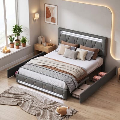 Gestoffeerd Bed 140x200 cm met LED,Tweepersoonsbed met 4 laden en Lattenbodem,Opbergbed bedframe met Opbergruimte en Hoofdbord,grijs linnen, zonder matras