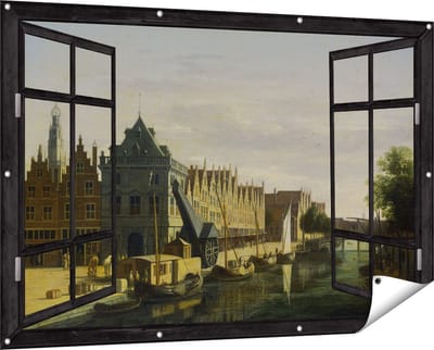 Gards Tuinposter Doorkijk De Waag en de Kraan aan het Spaarne te Haarlem - Gerrit Adriaensz Berckheyde - 150x100 cm - Tuindoek - Tuindecoratie - Wanddecoratie buiten - Tuinschilderij