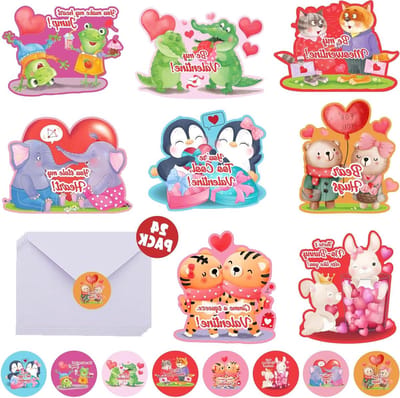Valentijnskaarten Kinderen - Groetkaarten School - Uitdelen op School - 8 Verschillende Dieren - 15 x 10 cm - Rood Roze