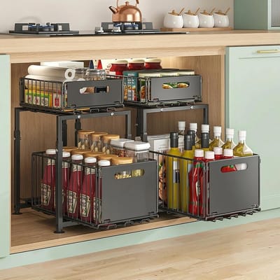 In hoogte verstelbare 2-delige gootsteenkast-organizerset met uittrekbare laden voor keuken en badkamer, antislip, robuuste opbergruimte en multifunctioneel gebruik