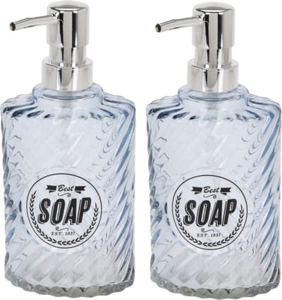 2x stuks zeeppompjes/zeepdispensers blauw van glas 300 ml - Badkamer/keuken zeep dispenser