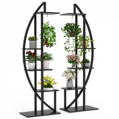 uJOY Plantenstandaard - Set van 2 - Multifunctionele gebogen display - Voor binnen en buiten - 5 lagen - 2 haken - Zwart