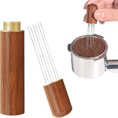 carmdering - Tool Compact Met 6 Naalden -Barista tool compact met rvs naalden-Espresso Koffieroerder-Espresso Distributie Tool-Koffie Roeren Gereedschap-Professionele Barista Hand Naald Type-Natuurlijke Houten Handvat en Stand-Koffie verdeler