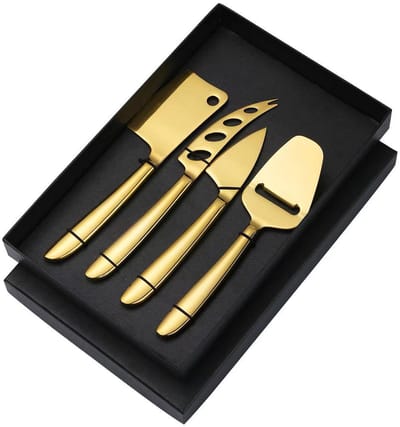 Vierdelige roestvrijstalen kaasmessenset - Multifunctioneel pizzames - Broodbakgereedschap - Botermes - Cadeau - Goud