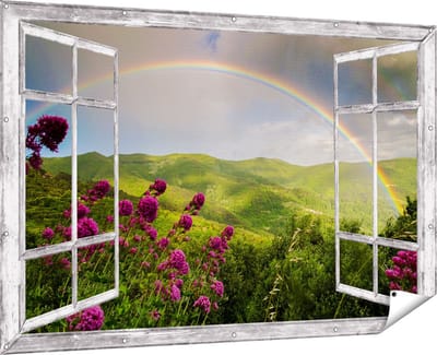 Gards Tuinposter Doorkijk Regenboog in de Heuvel Bossen - 180x120 cm - Tuindoek - Tuindecoratie - Wanddecoratie buiten - Tuinschilderij