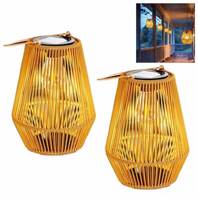 Meedeer Solar Lantaarn-Buitenlantaarns op zonne-energie-Solar Tuinverlichting-Rotan bamboe tuinlantaarn-Wolfraam Hangende lantaarns-zonnelamp met lichtsensor-automatisch aan/uit-waterdichte hangende -tuin-decoratieve（2 Stuks）