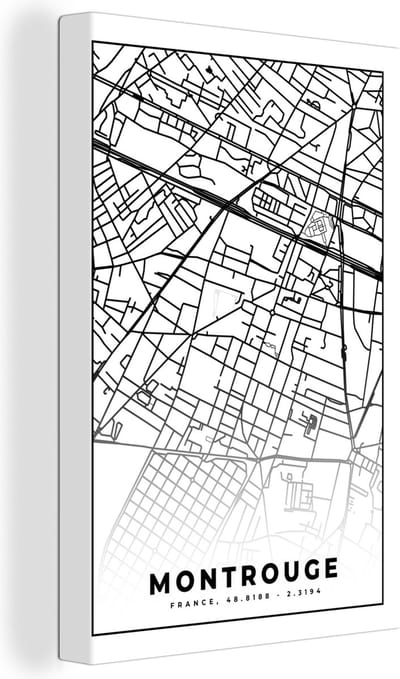 Canvas Schilderij Stadskaart – Plattegrond – Montrouge - Kaart – Frankrijk - Zwart wit - 20x30 cm - Wanddecoratie