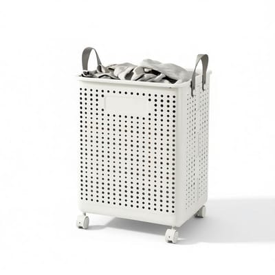 Grote Opvouwbare Wasmand op Wieltjes – Kunstleder – Effen – 55x36x37,7 cm – Melkwit.