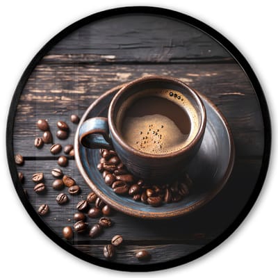 Poster in lijst Rond - Fotolijst 40x40 cm - Posters - Kop - Koffie - Hout - Bonen - Ronde posterlijst zwart - Decoratie - Wanddecoratie woonkamer - Muurdecoratie slaapkamer