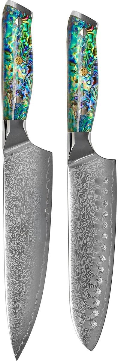 Shinrai Knives - Parelmoer Jewels 2-delige Damascus Messenset - Koksmes + Santoku mes