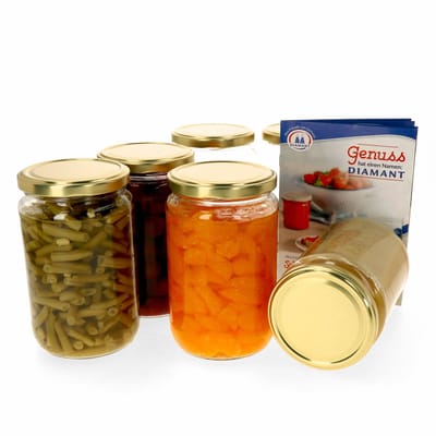 Set van 6 ronde potten 720 ml Naar 82 gouden deksel incl. Diamant Gelierzauber receptenboekje