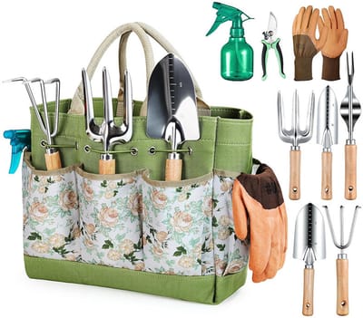 Gloovon® Tuingereedschap Set 9-delig - RVS Handgereedschap - Ergonomische Houten Handgrepen & Snoeischaar - Met Opbergtas