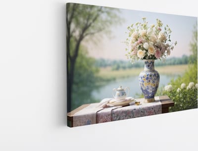 Saammp Canvas Schilderij - Bloemen in Blauwe vaas - Abstract - 30x20 - Foto op canvas - Wanddecoratie - Muurdecoratie Woonkamer - Kantoor Decoratie
