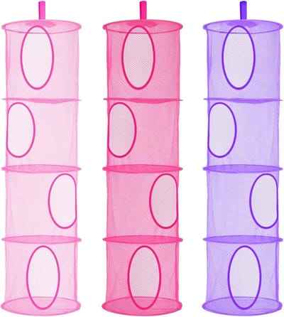 4-laagse Hangende Mesh Opbergmanden, 3 Stuks Vouwbare Ruimtebesparende Speelgoedmanden voor Kinderen, Badkamer en Balkon (Roze, Roze, Paars)