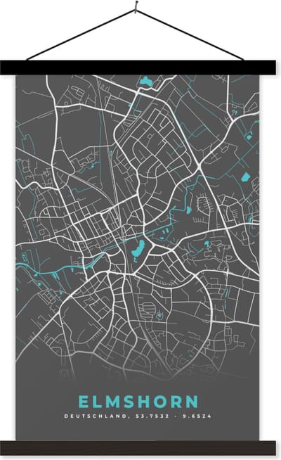 Posterhanger incl. Poster 40x60 cm - Schoolplaat - Stadskaart – Elmshorn – Duitsland – Plattegrond – Kaart - Textielposter - Zwarte latten - Stadskaart