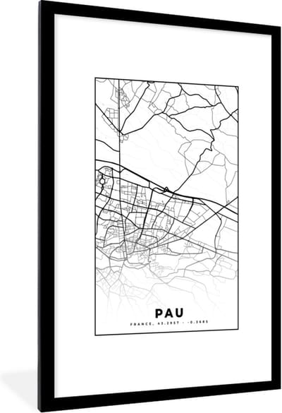 Fotolijst incl. Poster Zwart Wit- Kaart - Stadskaart - Pau - Frankrijk - Plattegrond - Zwart wit - 80x120 cm - Posterlijst
