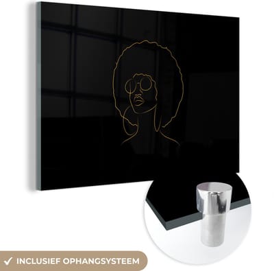 MuchoWow® Glasschilderij 60x40 cm - Schilderij acrylglas - Vrouw - Zonnebril - Goud - Line art - Foto op glas - Schilderijen