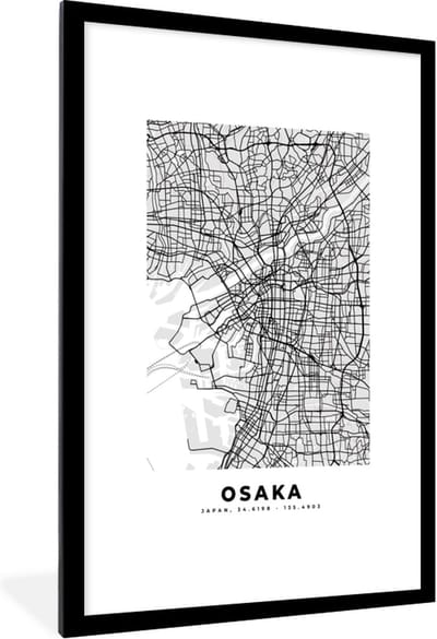 Fotolijst incl. Poster Zwart Wit- Osaka - Stadskaart - Zwart Wit - Plattegrond - Kaart - 80x120 cm - Posterlijst
