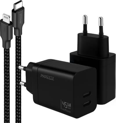 Phreeze usb C oplader geschikt voor iPhone 14 13 12 11 X XR XS Max Pro Mini Plus en iPad met Lightning kabel - Power Delivery snellader met 2 poorten