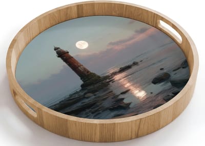 Dienblad rond 40x40 cm - Schootdienblad hout - Vuurtoren - Stenen - Water - Maan - Borrelplank rechthoek - Plateau houten dienbladen