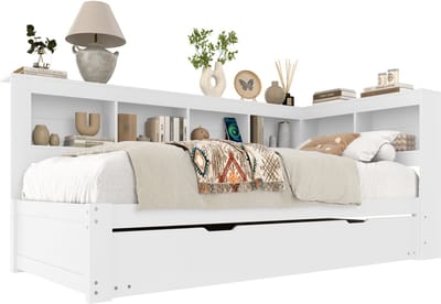 Wishdor – Dagbed 90x200 cm – Uitschuifbaar onderschuifbed, stopcontact & USB – Wit – Moderne logeerkamer in één meubel