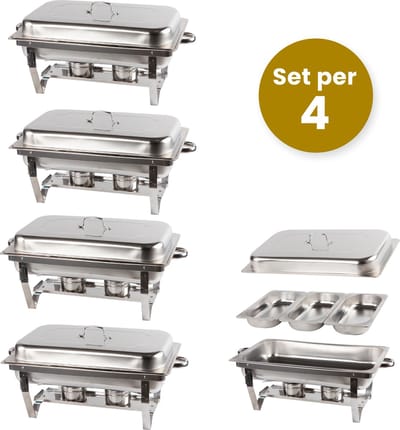 Alora Chafing Dish chrome 3 bakken per 4 - voedsel verwamer - voedsel warmhouden - met deksel - buffetwarmer - roestvrij staal - chrome - warmhoudplaat - bain maria - warmhoudbakken - Warmhoudschalen
