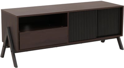 TV-rek MCW-O40, lowboard tv-kast schuifdeur opbergvakken lade, MDF metaal melamine 49x120x40cm ~ walnootlook