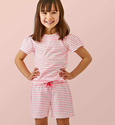 Little Label Pyjama Meisjes Maat 92/2Y - roze, wit - Bretonse streep - Shortama - Zachte BIO Katoen